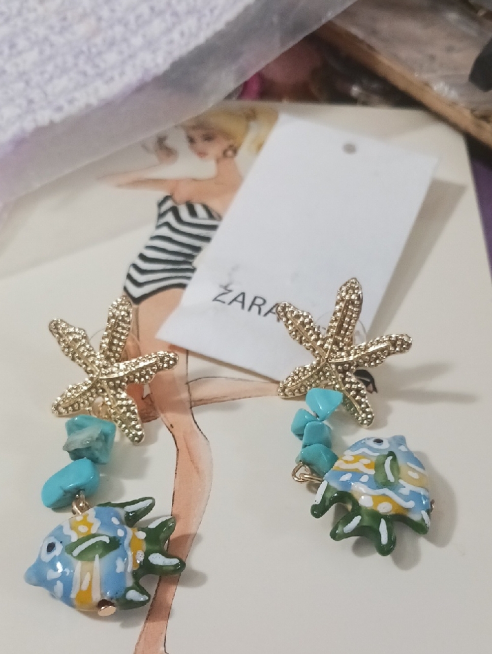 ZARA Gold Starfish Turquoise & Blue Shell Drop Earrings